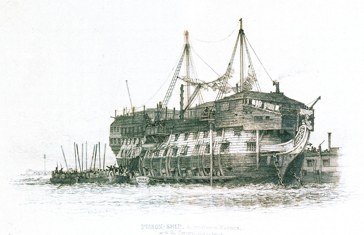 Fångskepp i Portsmouths hamn med fångarna som går ombord av Edward William Cooke