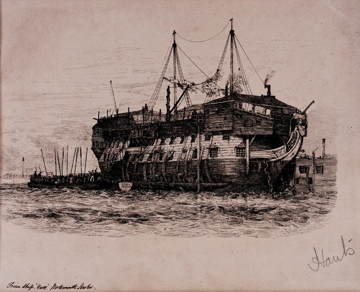 Fängelsefartyget "York" i Portsmouths hamn av Edward William Cooke