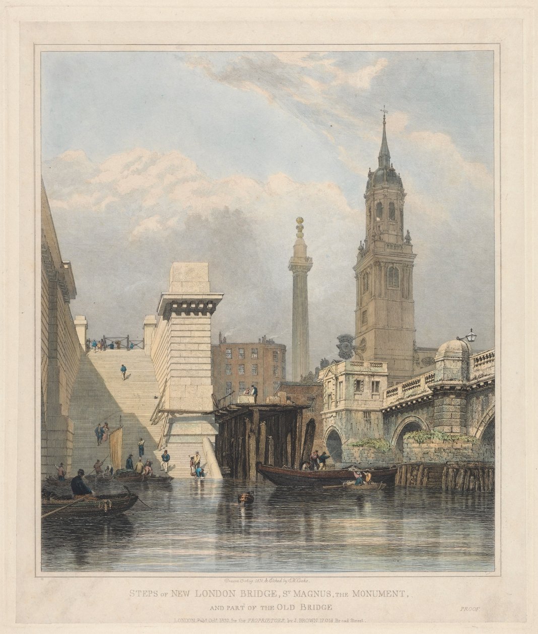 Trapporna vid nya London Bridge, S:t Magnus, Monumentet och en del av den gamla bron av Edward William Cooke