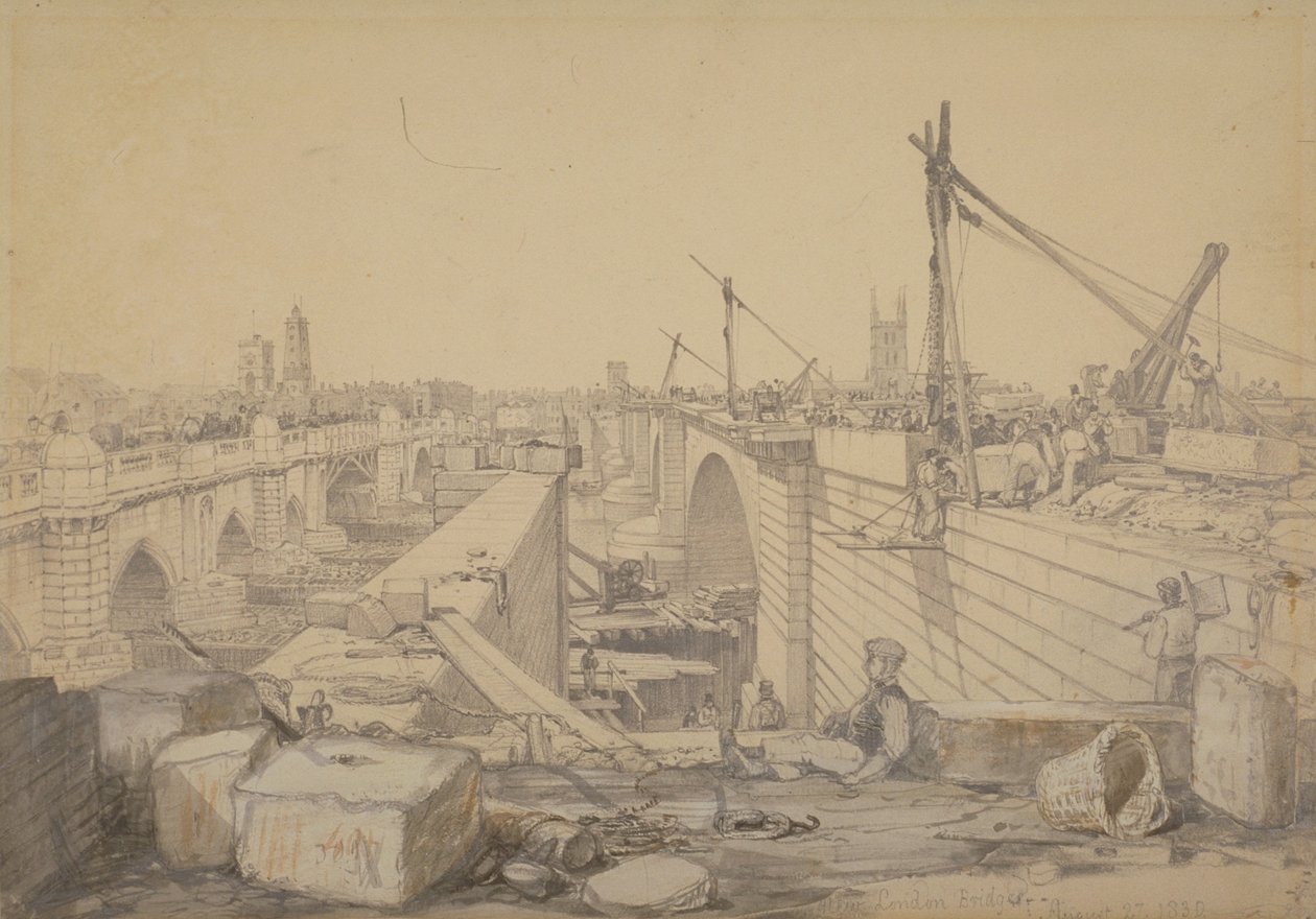 Konstruktionen av London Bridge, 1830 av Edward William Cooke