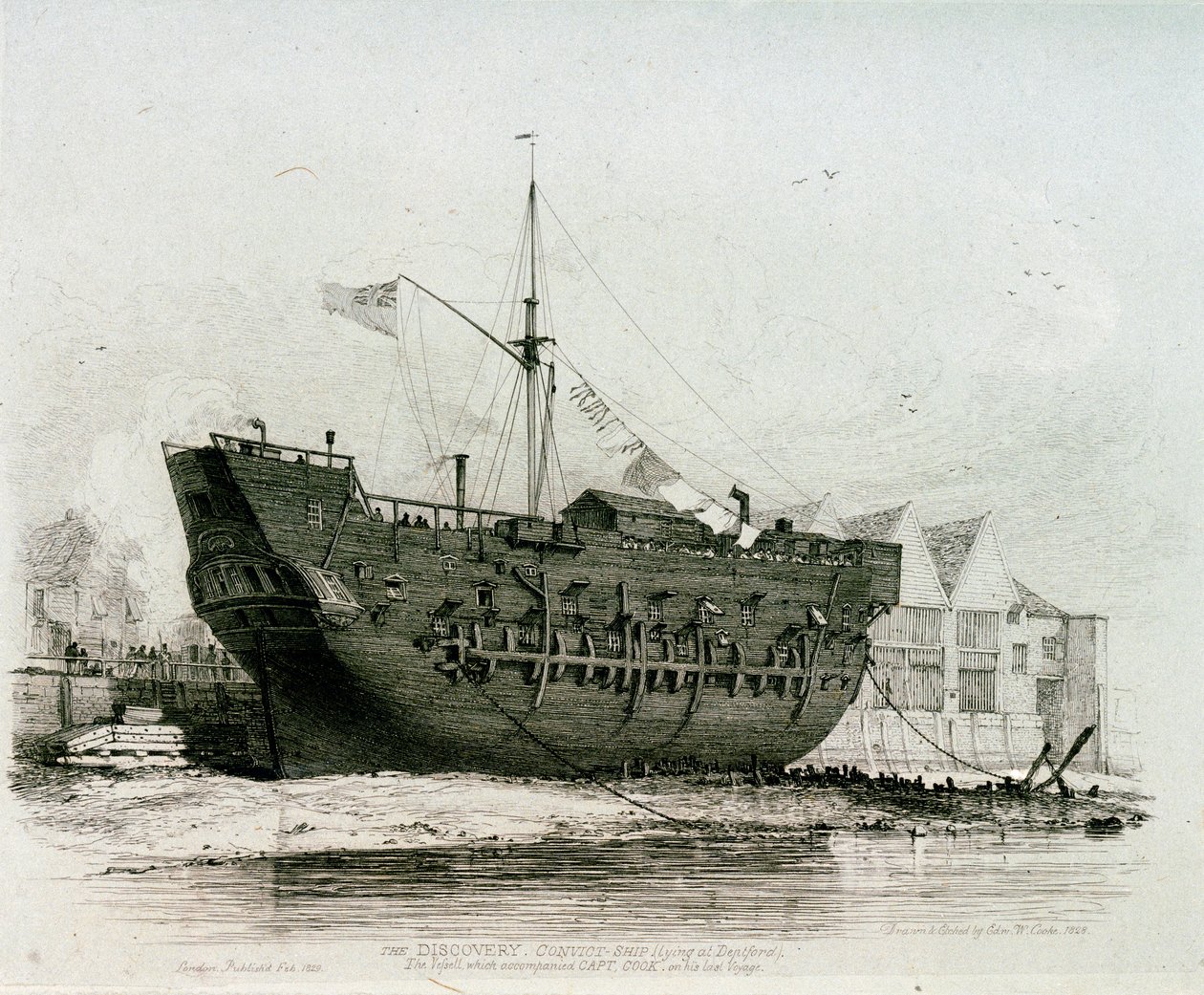 Fångskeppet "Discovery" (som ligger i Deptford), det fartyg som följde med kapten Cook på hans sista resa av Edward William Cooke