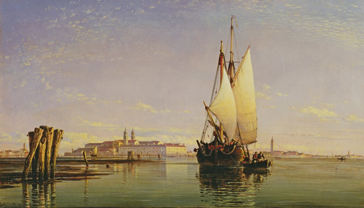 The Euganean Hills and the Laguna of Venice - Trabaccola Waiting for the Tide, Solnedgång, 1853 av Edward William Cooke