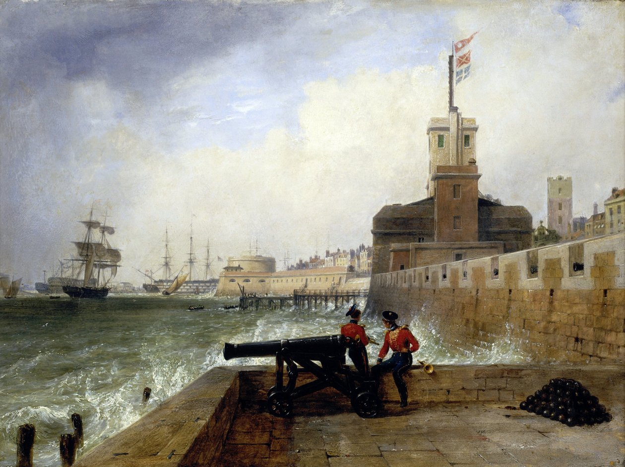 Semafortornet vid inloppet till hamnen i Portsmouth (England), på Salvation Platform, med två soldater sittande på muren bredvid en kanon, i bakgrunden, beskrivning av staden och piren med det runda tornet av Edward William Cooke
