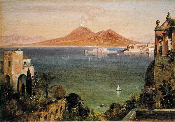 Vesuvius och Castel del Oro, Neapel, sett från Villa Cedrino, Posillipo (olja på papper ombord) av Edward William Cooke