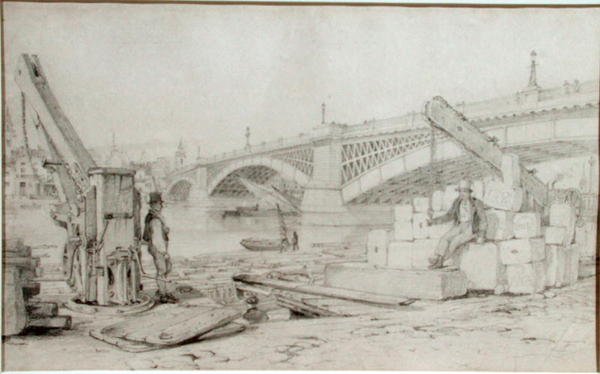 Utsikt över Southwark Bridge och Themsen från Bankside, med två borrtorn i förgrunden av Edward William Cooke