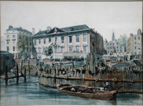 Vy över en träkistdamm som omsluter pålbultar och lyftanordningar för London Bridge. av Edward William Cooke