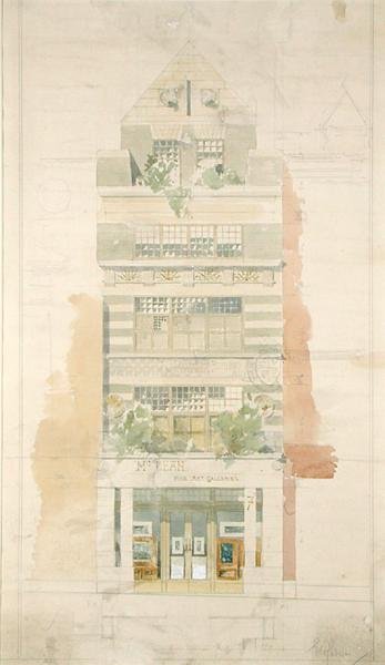Design för fasaden av McLean Fine Art Galleries, Haymarket, London (akvarell och penna på papper) (se 237077 för detaljer) av Edward William Godwin