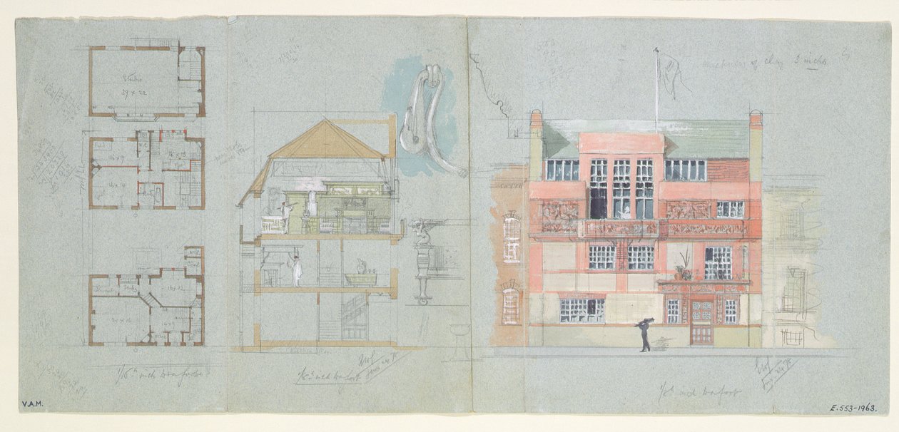Frontlinje och sektion av hus och ateljé för Frank Miles (1852-91), Tite Street, Chelsea, 1878-79 (wc och penna på papper) (se även 176481-482, 176484-485) av Edward William Godwin