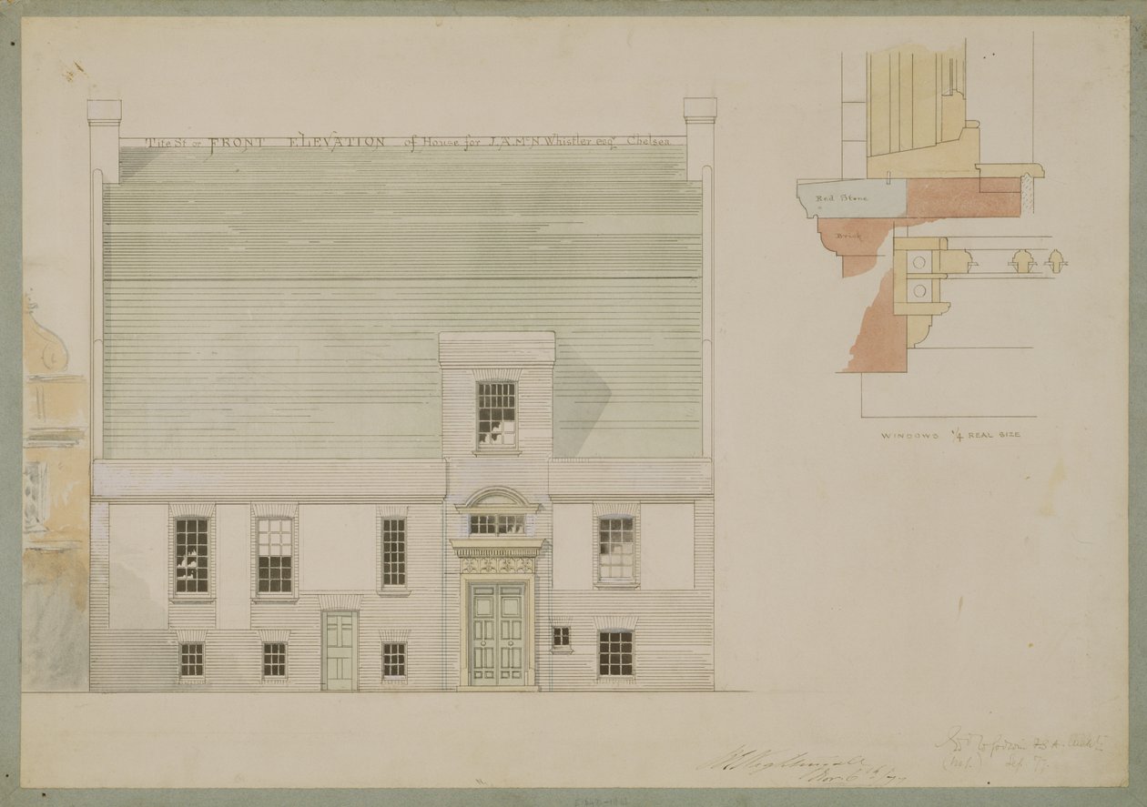 Framförhöjning av huset för J.A.M. Whistler Esq, Tite Street, Chelsea, 1877 (penna och bläck och wc på papper) (se även 176476) av Edward William Godwin