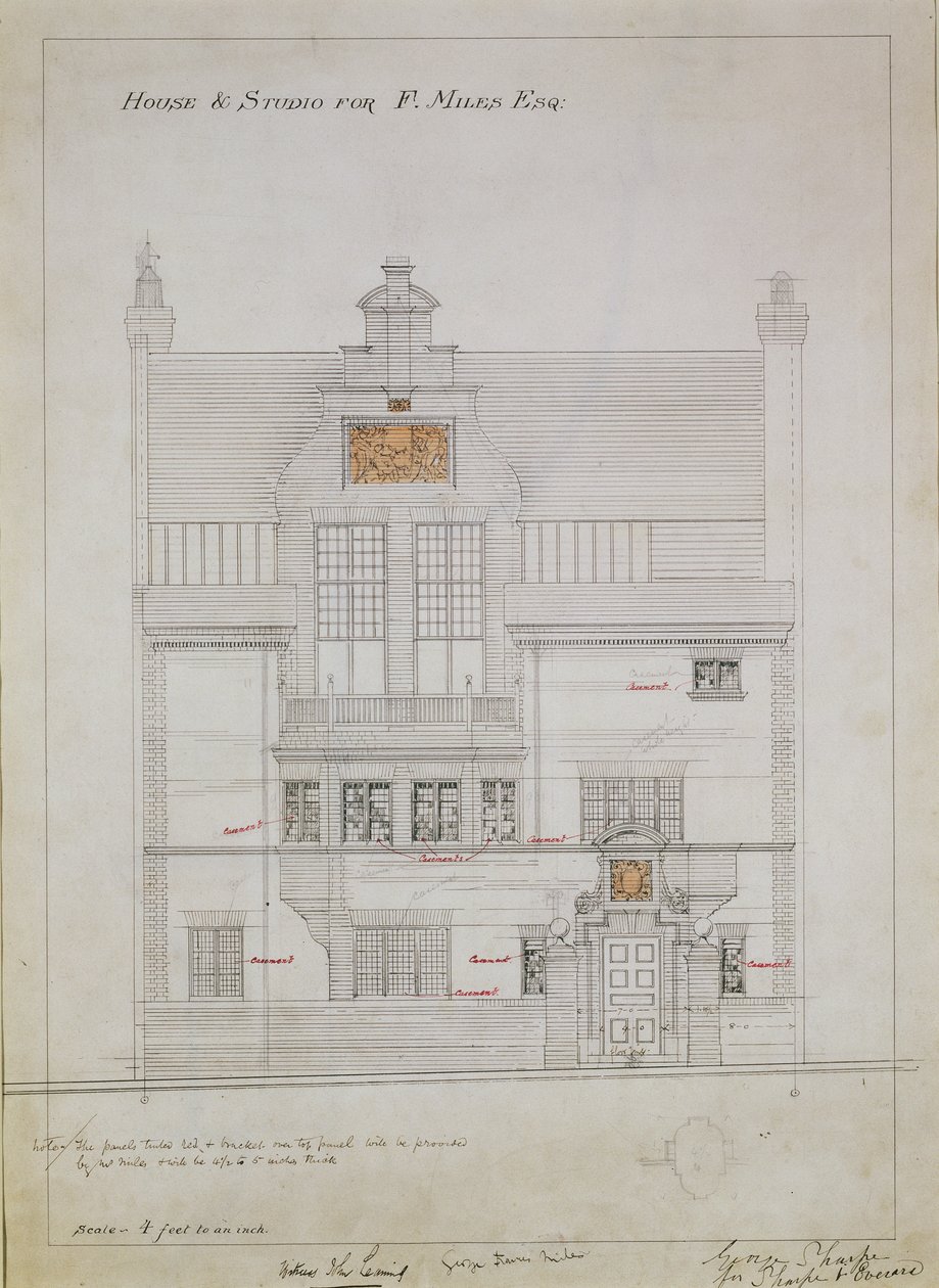 Arbetsritning för House and Studio för F. Miles Esq, Tite Street, Chelsea, 1878-79 (wc och penna på papper) (se även 176481, 176483-485) av Edward William Godwin