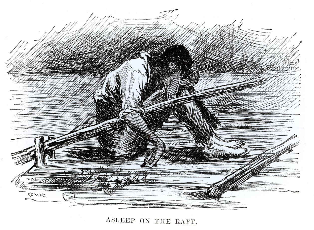 Sova på flotten, illustration från "The Adventures of Huckleberry Finn", av Mark Twain (1835-1910) 1884 (gravyr) (s/v foto) av Edward Windsor Kemble