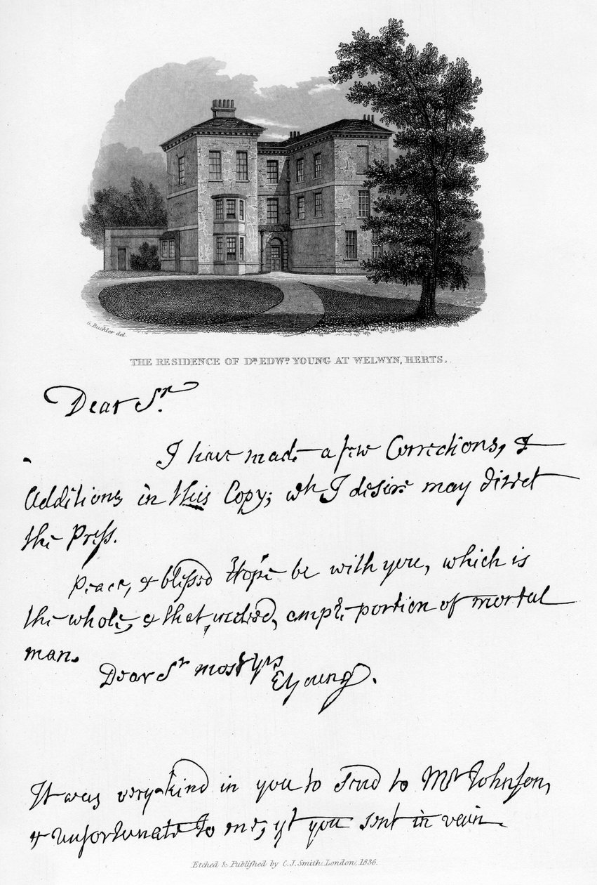 Ett brev från Edward Young och en vy av hans bostad i Welwyn, Hertfordshire, 1740-talet, 1840 av Edward Young