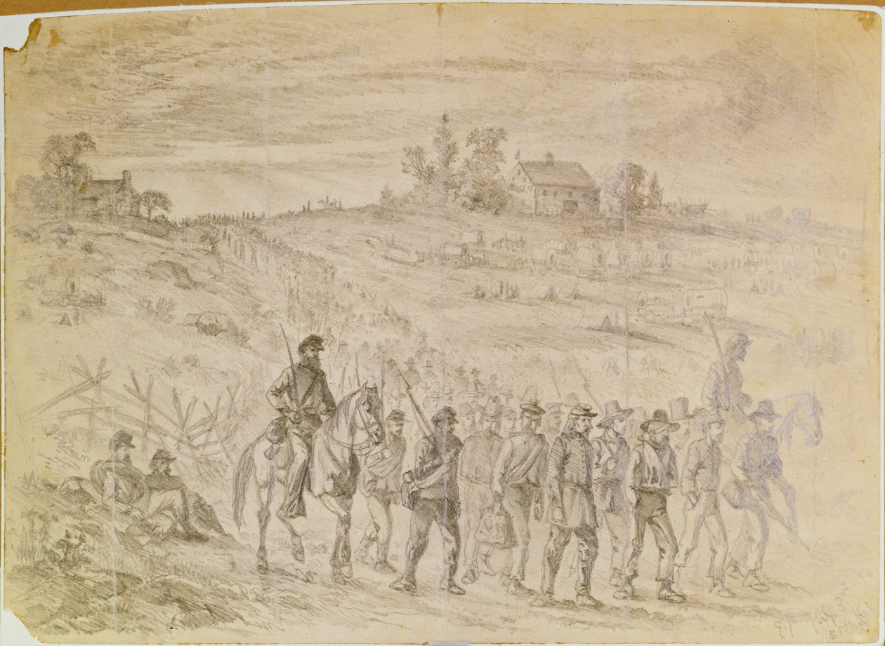 Slaget vid Gettysburg: Fångar som tillhör general Longstreets kår fångade av fackliga trupper som marscherar till baksidan under bevakning av Edwin Austin Forbes