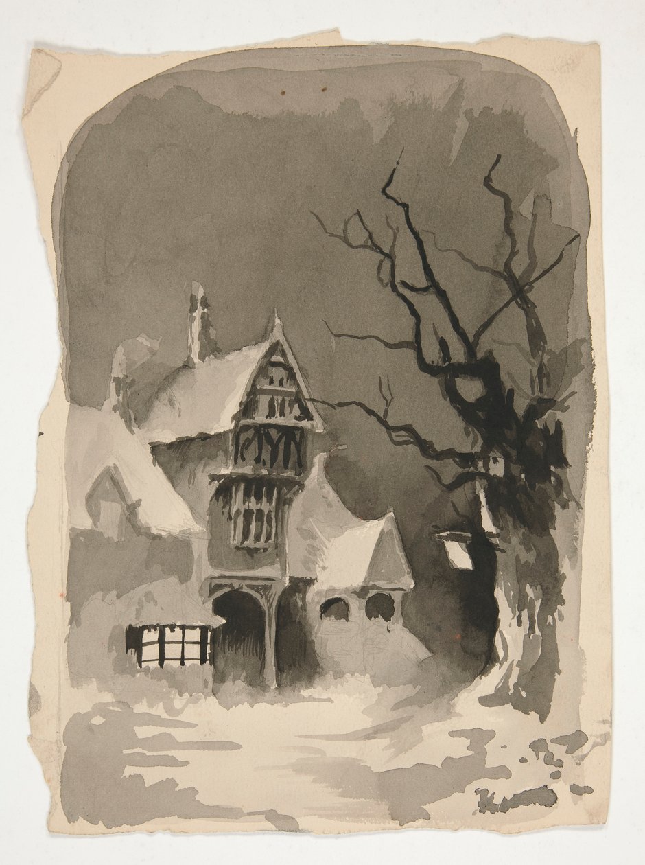 En vinterscen: Hus i snön (recto); Diverse figurstudier (verso) av Edwin Austin Abbey
