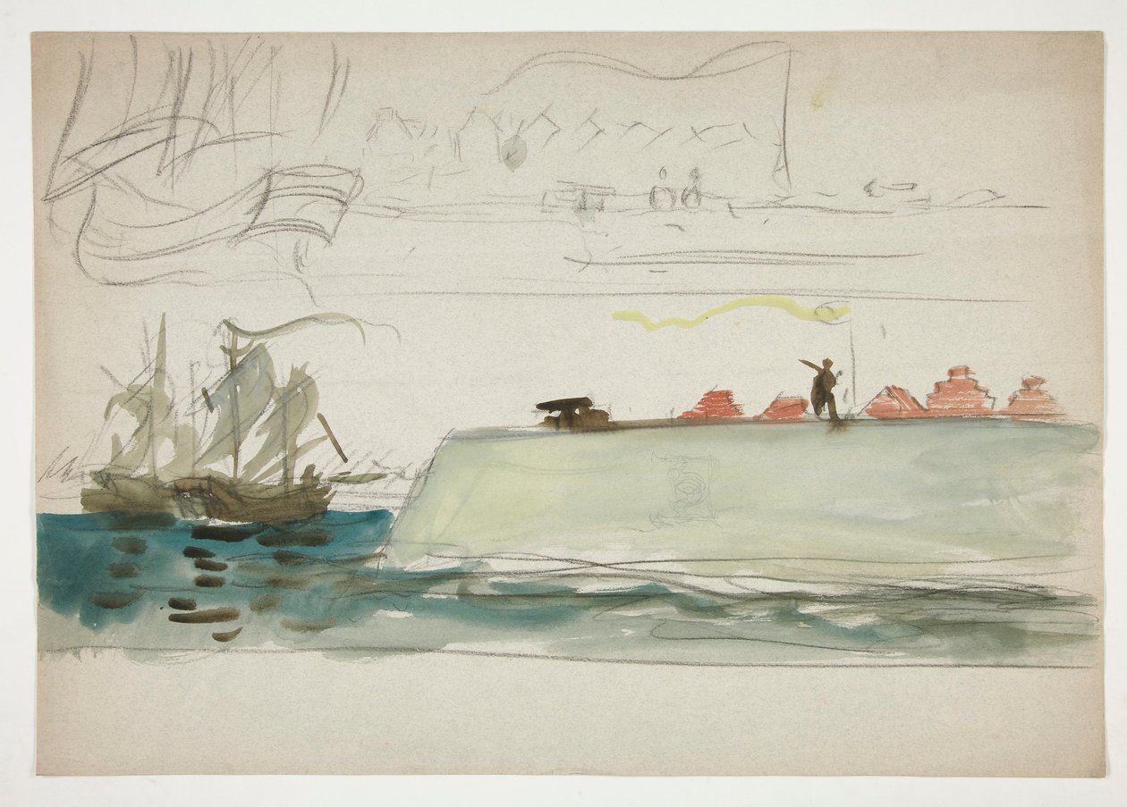 Båtar till sjöss: slagskepps förgrund, segelbåt på avstånd - (oidentifierad illustration) av Edwin Austin Abbey