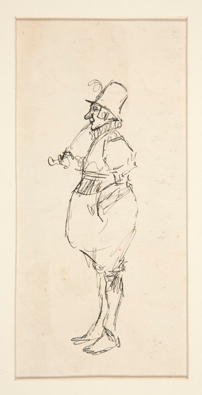 Tecknad film av en man i pantaloons av Edwin Austin Abbey