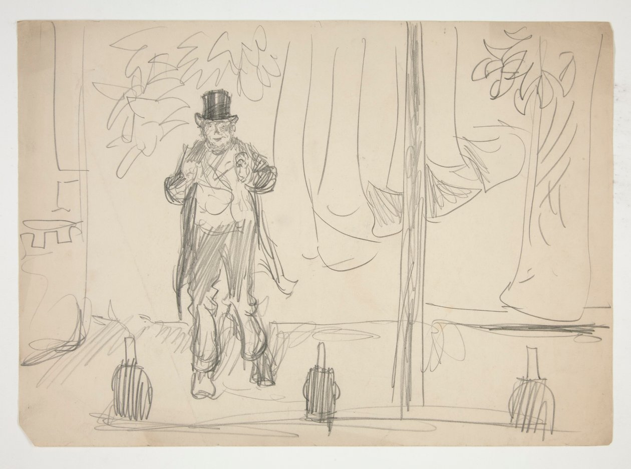 Tecknad film av en skådespelare på scenen(?) - oidentifierad illustration av Edwin Austin Abbey