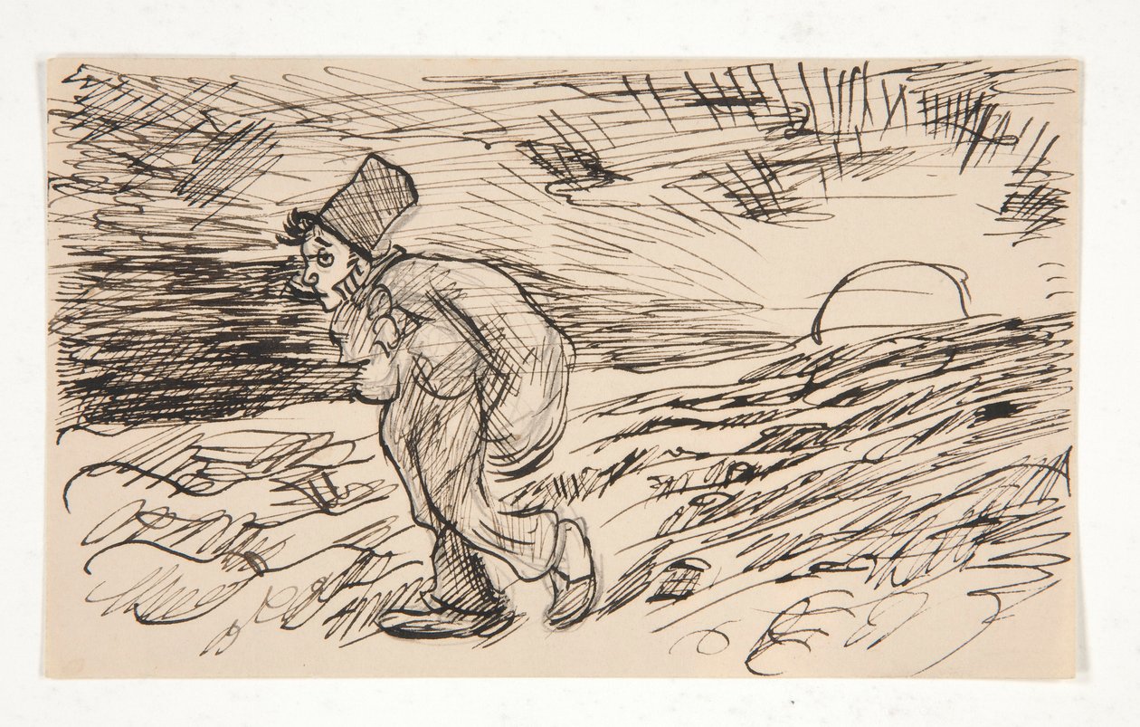 Tecknad av figur som går vid soluppgången. studera inför av Edwin Austin Abbey
