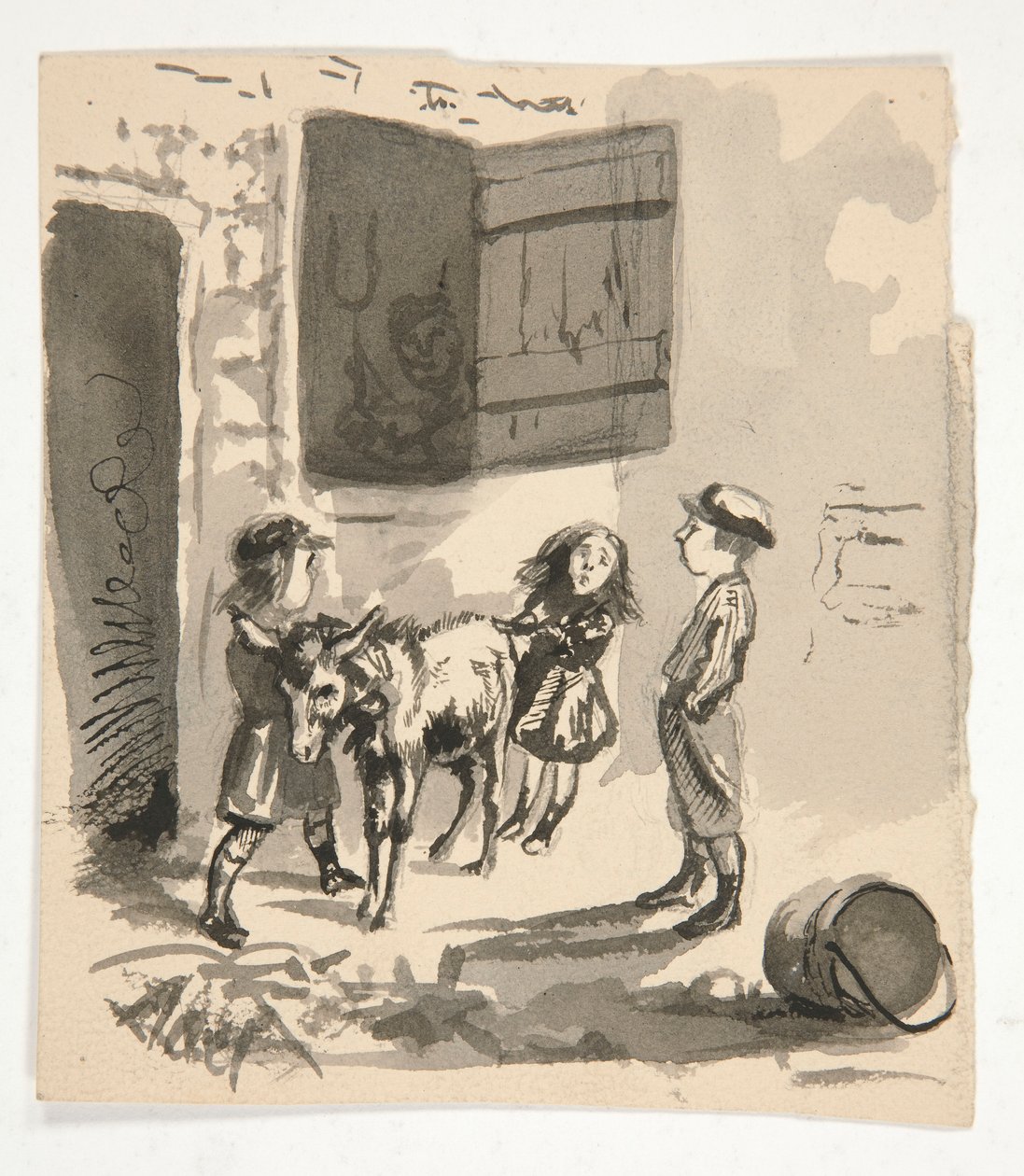 Barn med åsna (recto); Oidentifierad illustration av en orgelkvarn (verso) av Edwin Austin Abbey