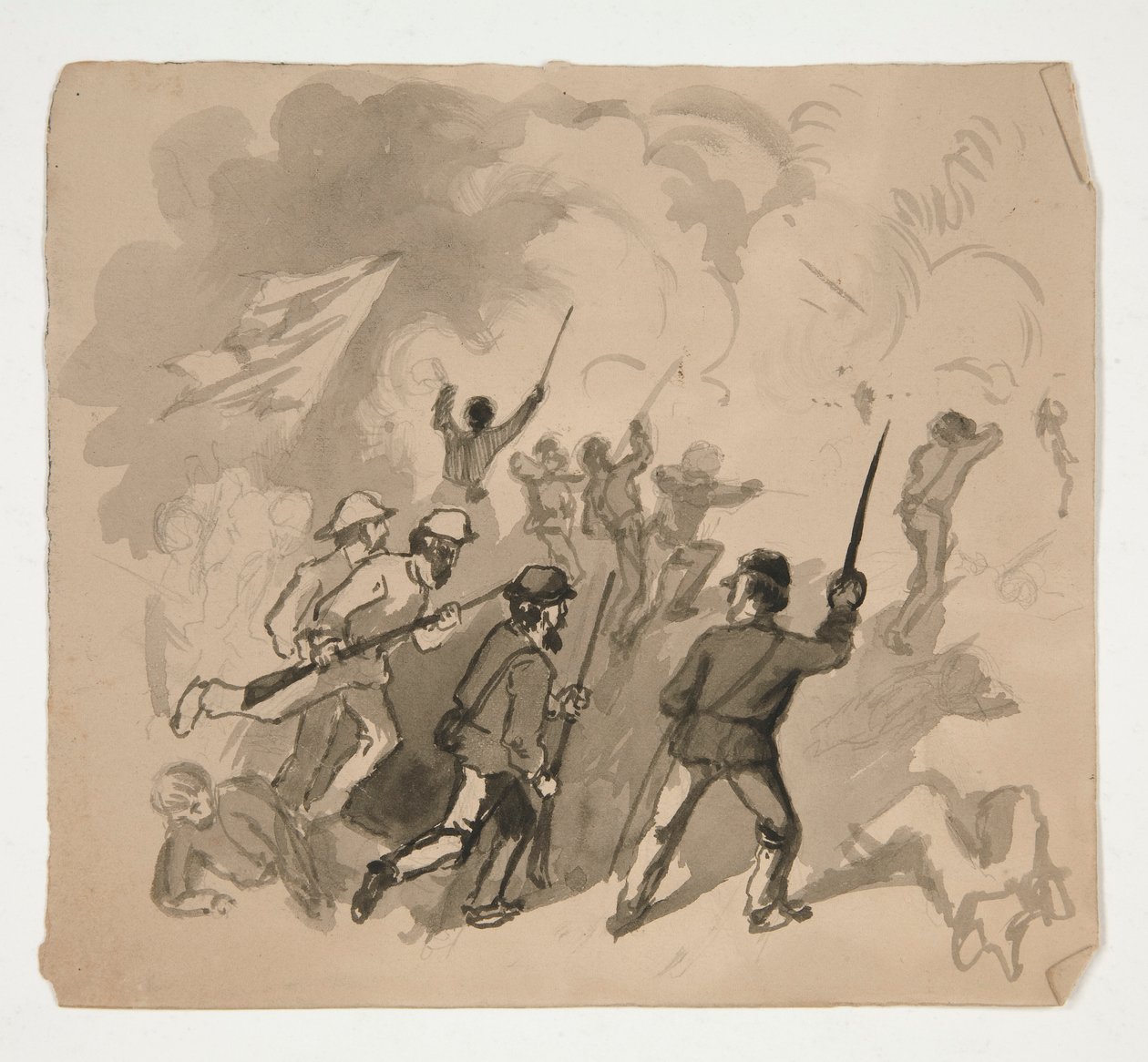 Stridsscen från inbördeskriget (recto); Oidentifierad illustration av en man i en skog (verso) av Edwin Austin Abbey