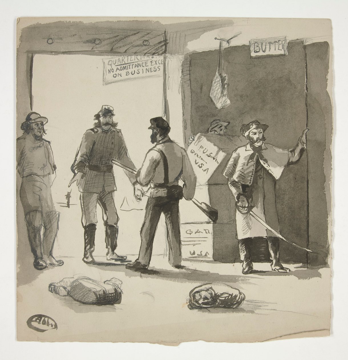 Inbördeskrigsskiss (recto); Man tittar på en målning (verso) av Edwin Austin Abbey