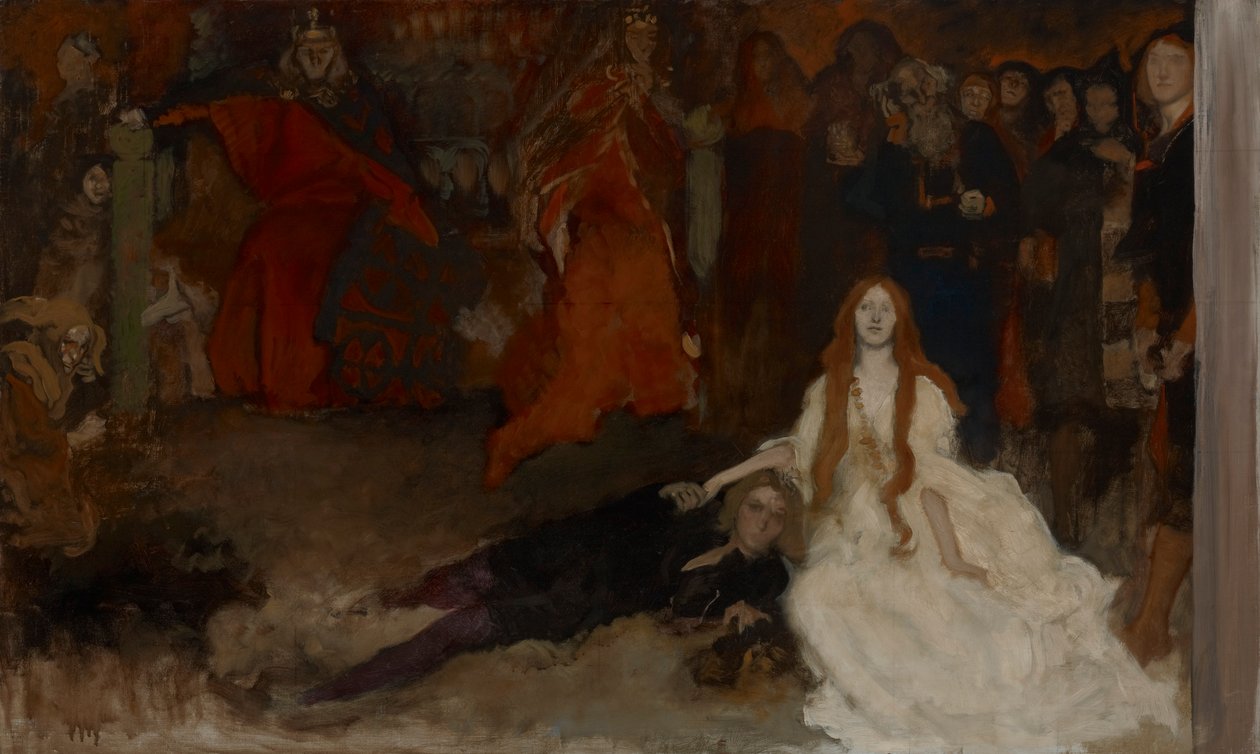 Kompositionsstudie, för The Play Scene in Hamlet, Akt III, Scen II av Edwin Austin Abbey