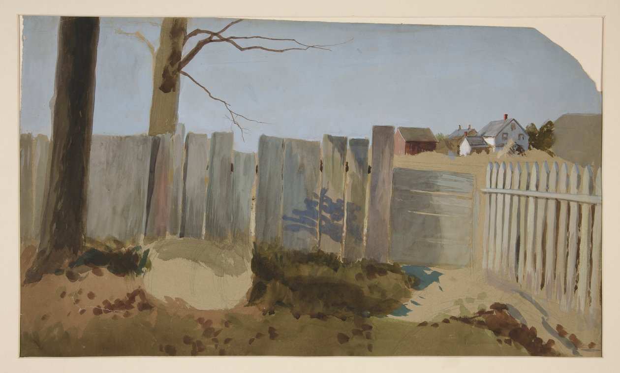 Landsscen: staket, åker, bondgård på avstånd av Edwin Austin Abbey