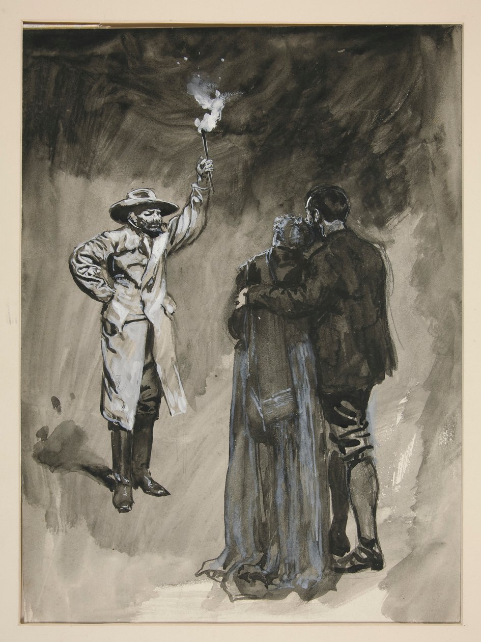 Par konfronteras på gatan av man som håller facklan - oidentifierad illustration av Edwin Austin Abbey