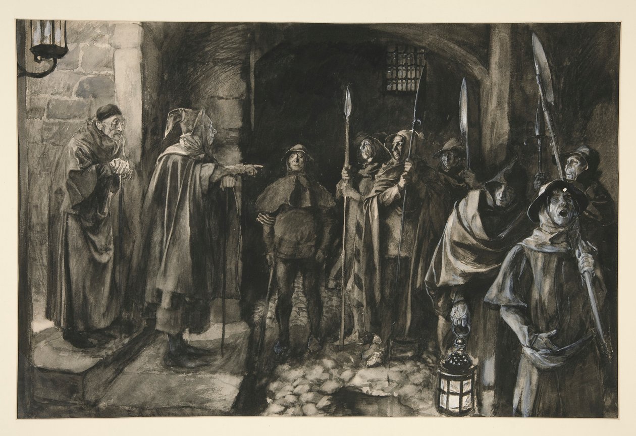 Dogberry och hans kompanjoner med en klocka - Act III, Scene III, Much Ado About Nothing av Edwin Austin Abbey