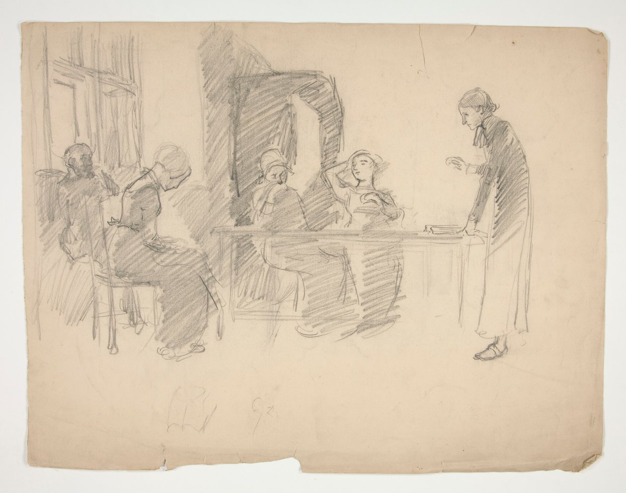Tidig studie för Stony Ground 1884, interiör med figurer av Edwin Austin Abbey