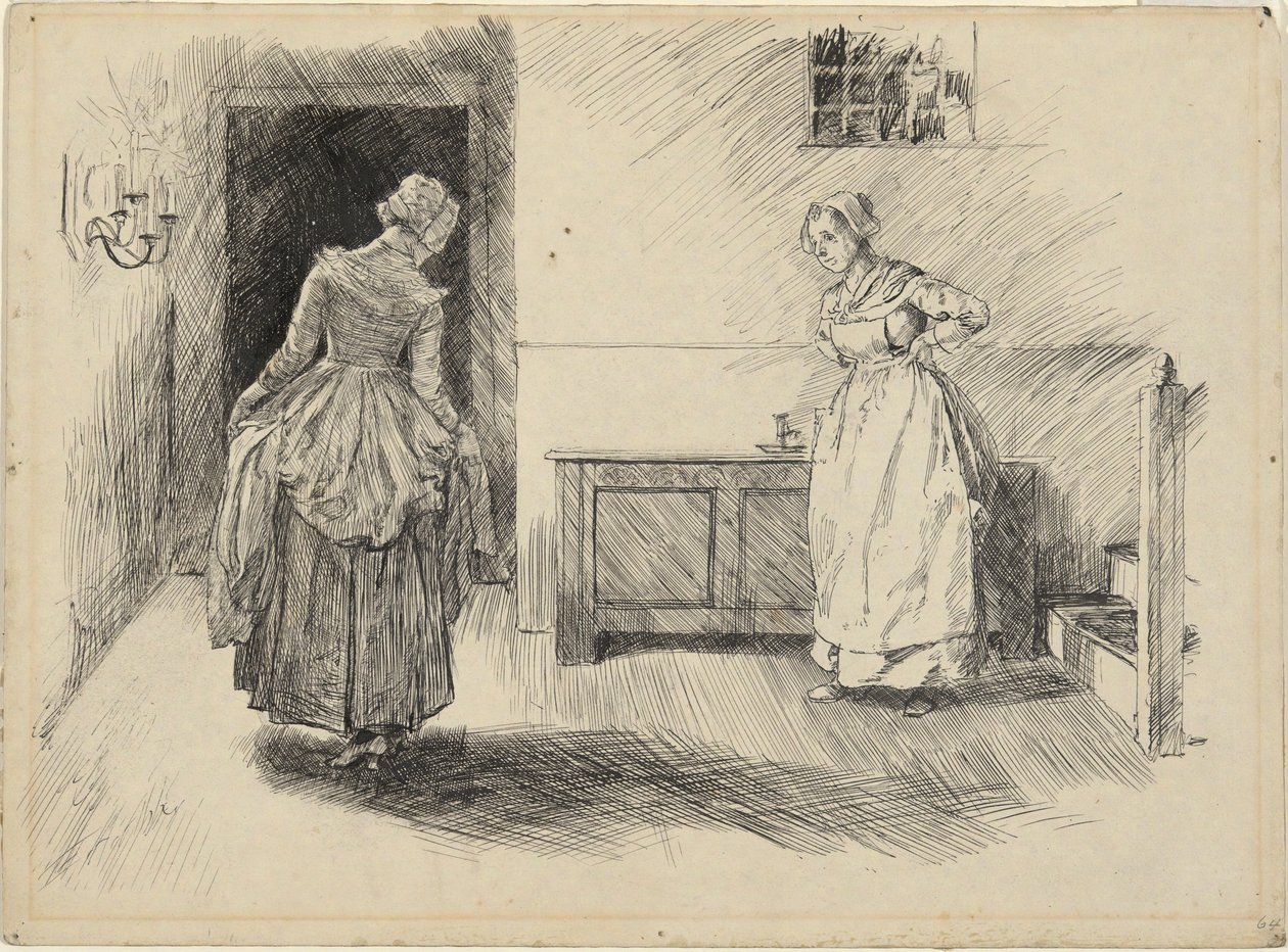 Gå in på Mrs. Hardcastle & Maid, studera för Oliver Goldsmith av Edwin Austin Abbey