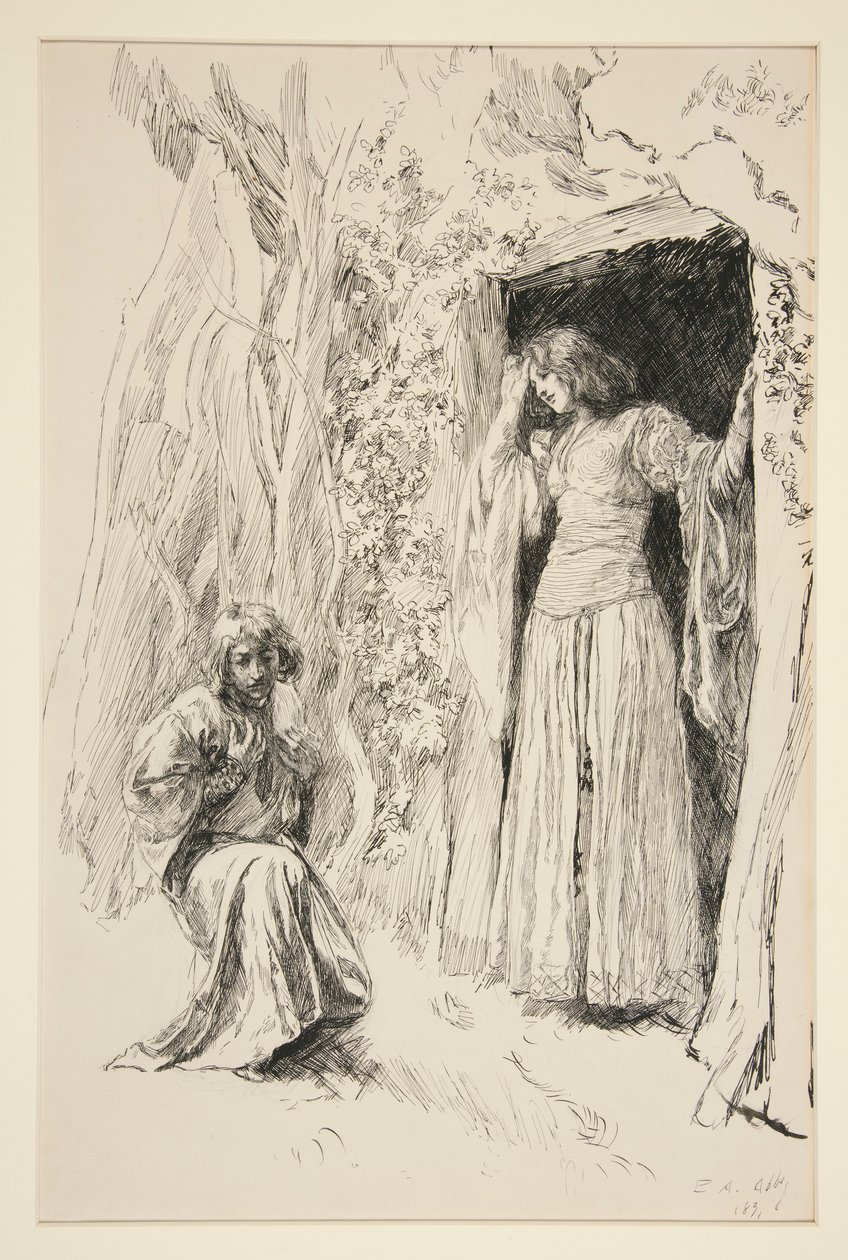 Ferdinand möter Miranda, illustration till akt III, Scene i, Stormen av Edwin Austin Abbey