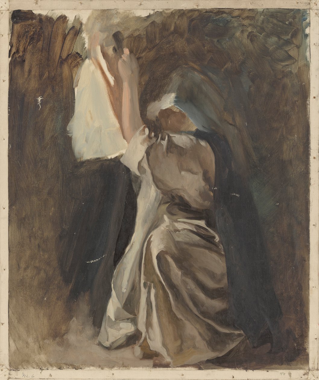 Figurstudie av en nunna, för Galahads barndom, i The Quest and Achievement of the Holy Grail, Book Delivery Room, Boston Public Library av Edwin Austin Abbey