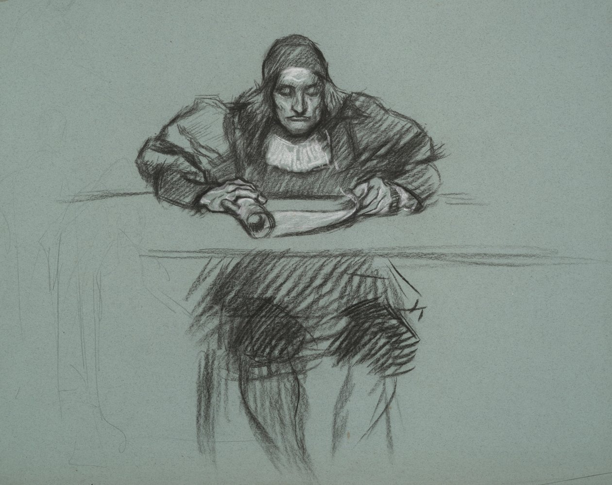 Figur för rättegången mot drottning Katherine. kontorist vid skrivbordet av Edwin Austin Abbey
