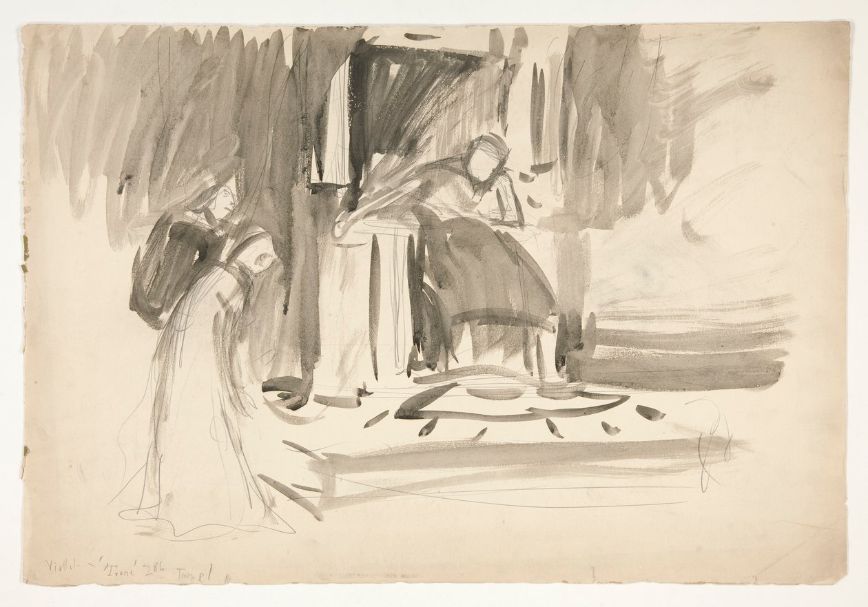 Figur på tron, flankerad av två figurer, skiss för en oidentifierad Shakespeare-pjäs av Edwin Austin Abbey