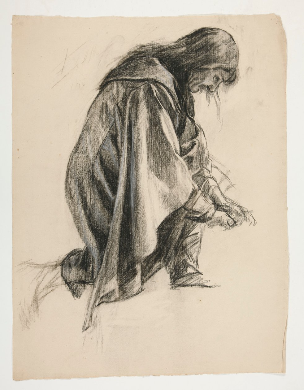 Figurstudie för Sir Lancelot och Sir Bors outfit Galahad med hans sporrar (?), från The Quest of the Holy Grail (andra i en serie av femton målningar för Boston Public Library, färdigställd 1901) av Edwin Austin Abbey