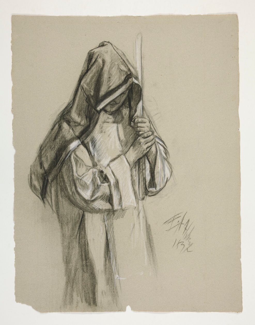 Figurstudie för Sir Lancelot och Sir Bors outfit Galahad med hans sporrar, från The Quest of the Holy Grail (andra i en serie av femton målningar för Boston Public Library, färdigställd 1901) av Edwin Austin Abbey