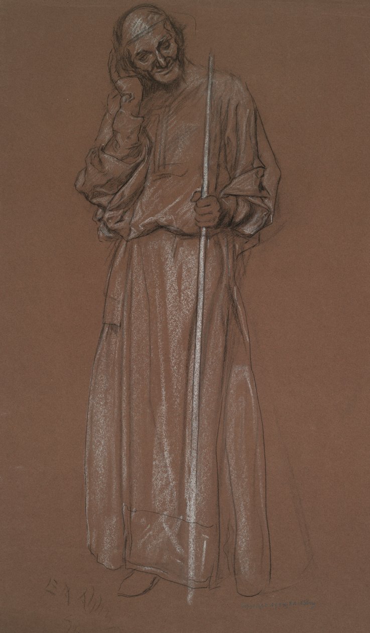 Figurstudie, gubbe med stav, möjligen Polonius i av Edwin Austin Abbey