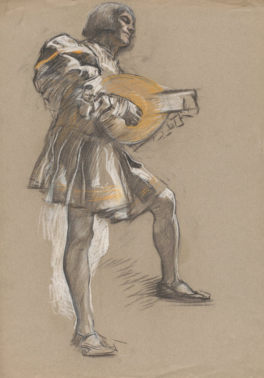 Figur med mandolin i medeltida dräkt. av Edwin Austin Abbey