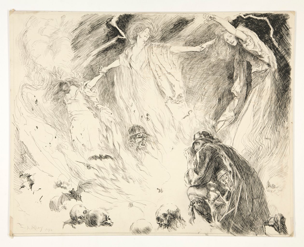 Första uppenbarelsen: Macbeth! Macbeth! Macbeth! se upp Macduff., Akt IV, Scen 1, Macbeth av Edwin Austin Abbey
