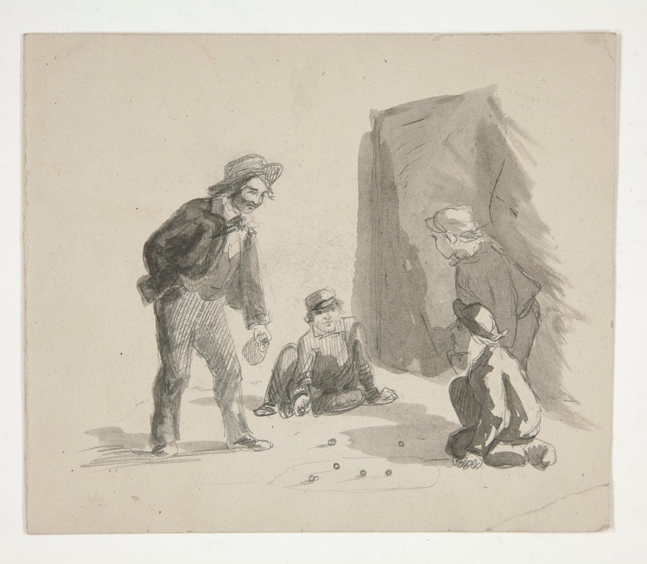 Fyra pojkar som spelar kulor (recto); Oidentifierad illustration av pojken vid staffli i interiören (verso) av Edwin Austin Abbey