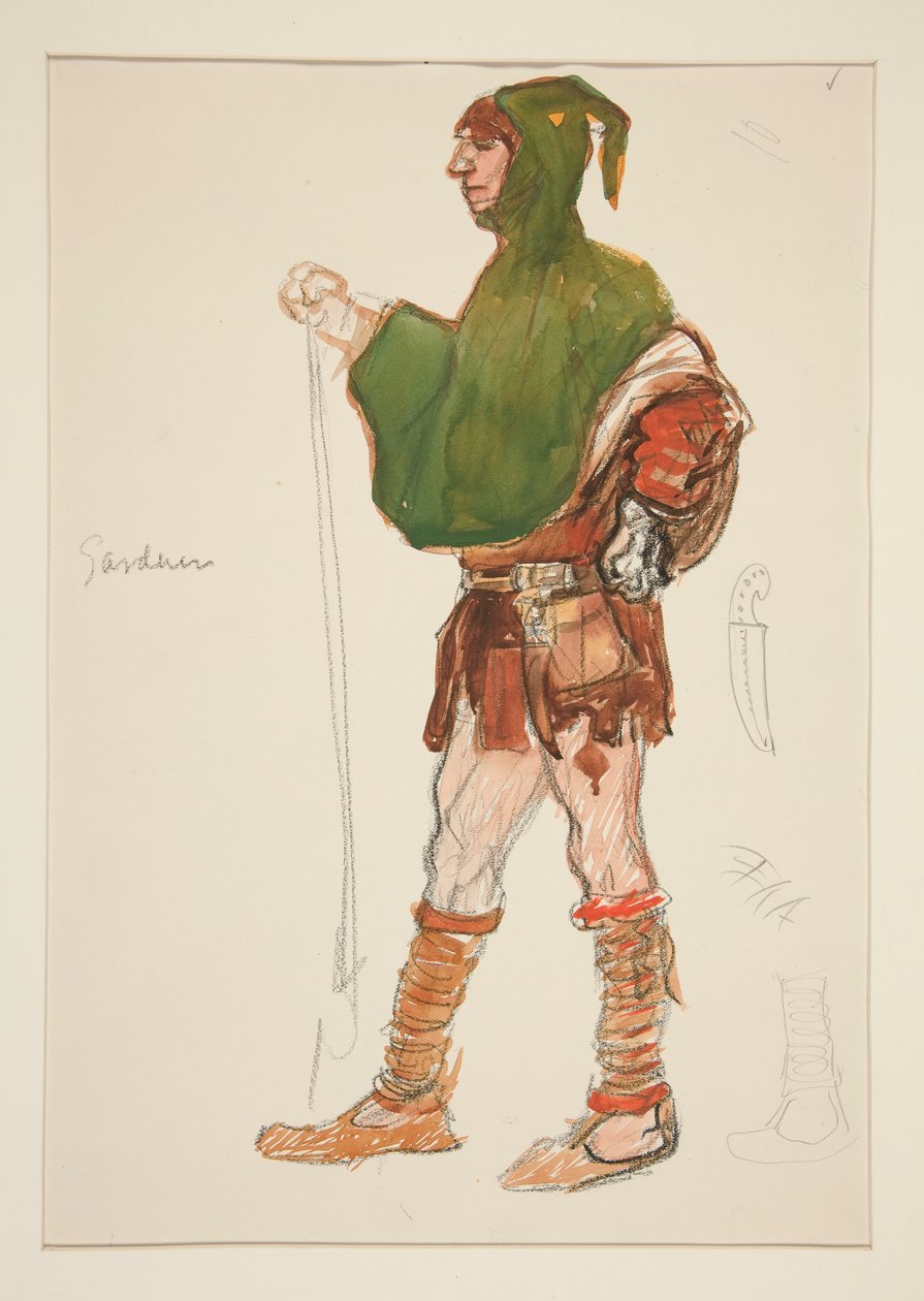 Trädgårdsmästare, kostymskiss för Henry Irving av Edwin Austin Abbey