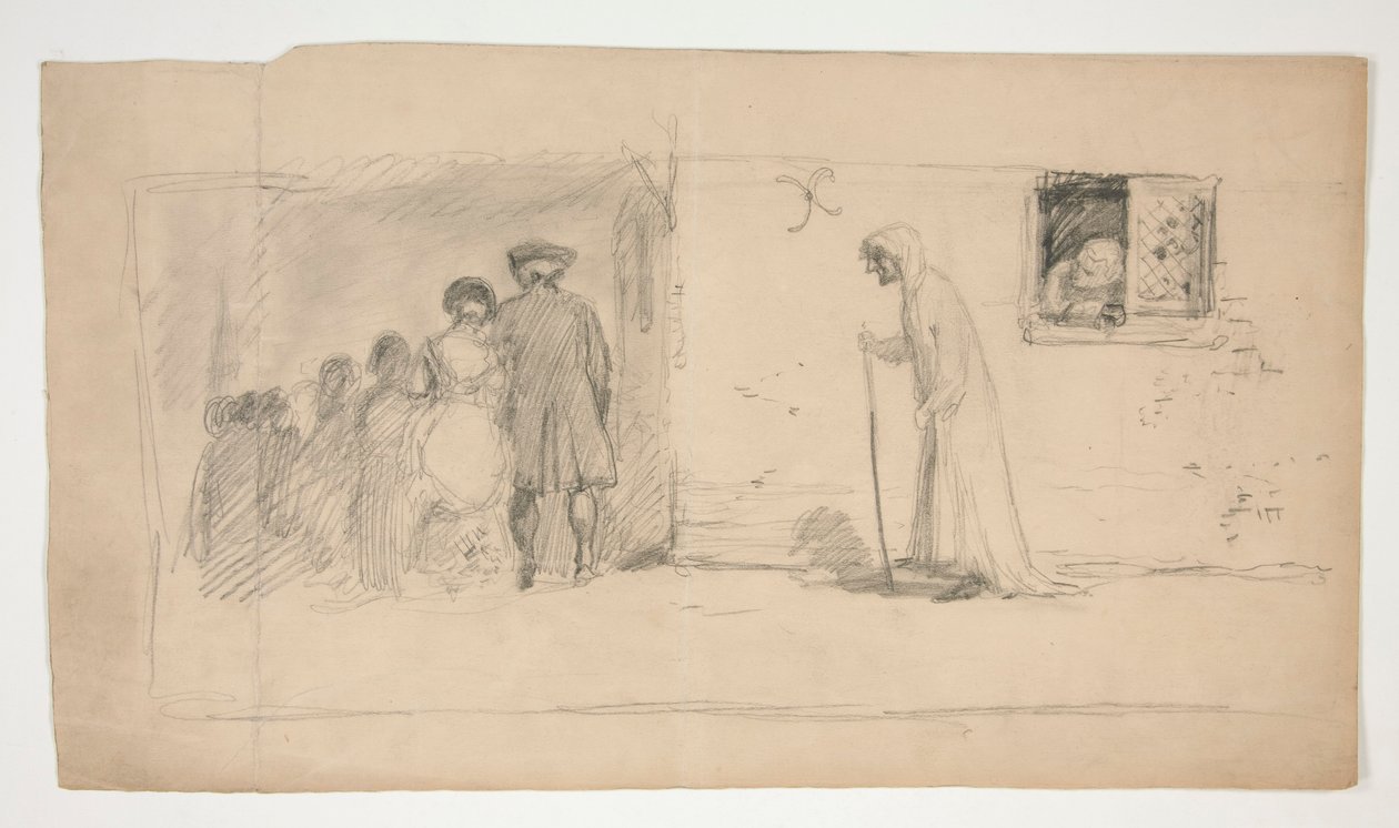 Grupp av figurer utanför stenhus - oidentifierad illustration av Edwin Austin Abbey