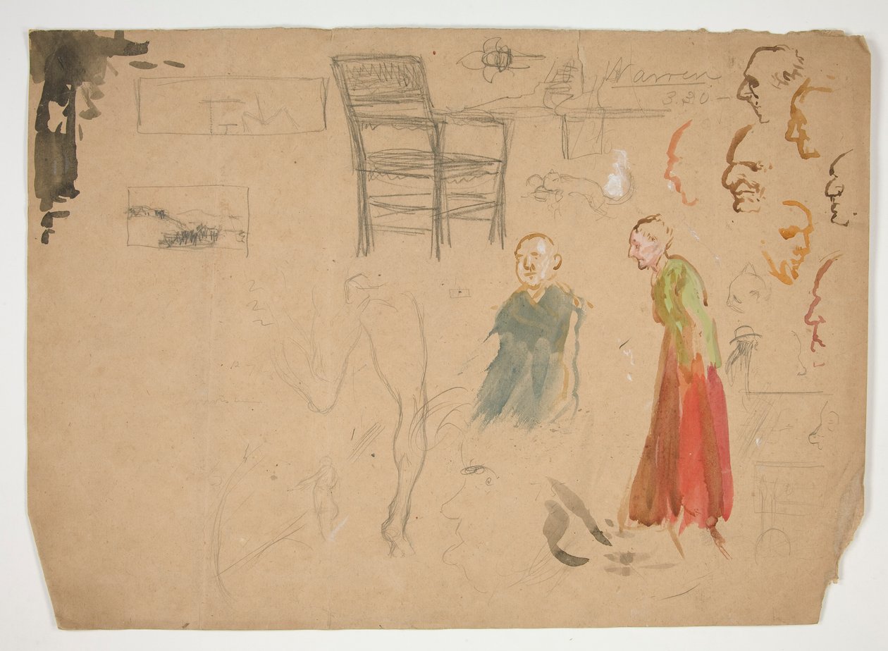 Huvud- och figurstudier och studie av en stol (recto); Skisser för bokillustrationer (verso) av Edwin Austin Abbey