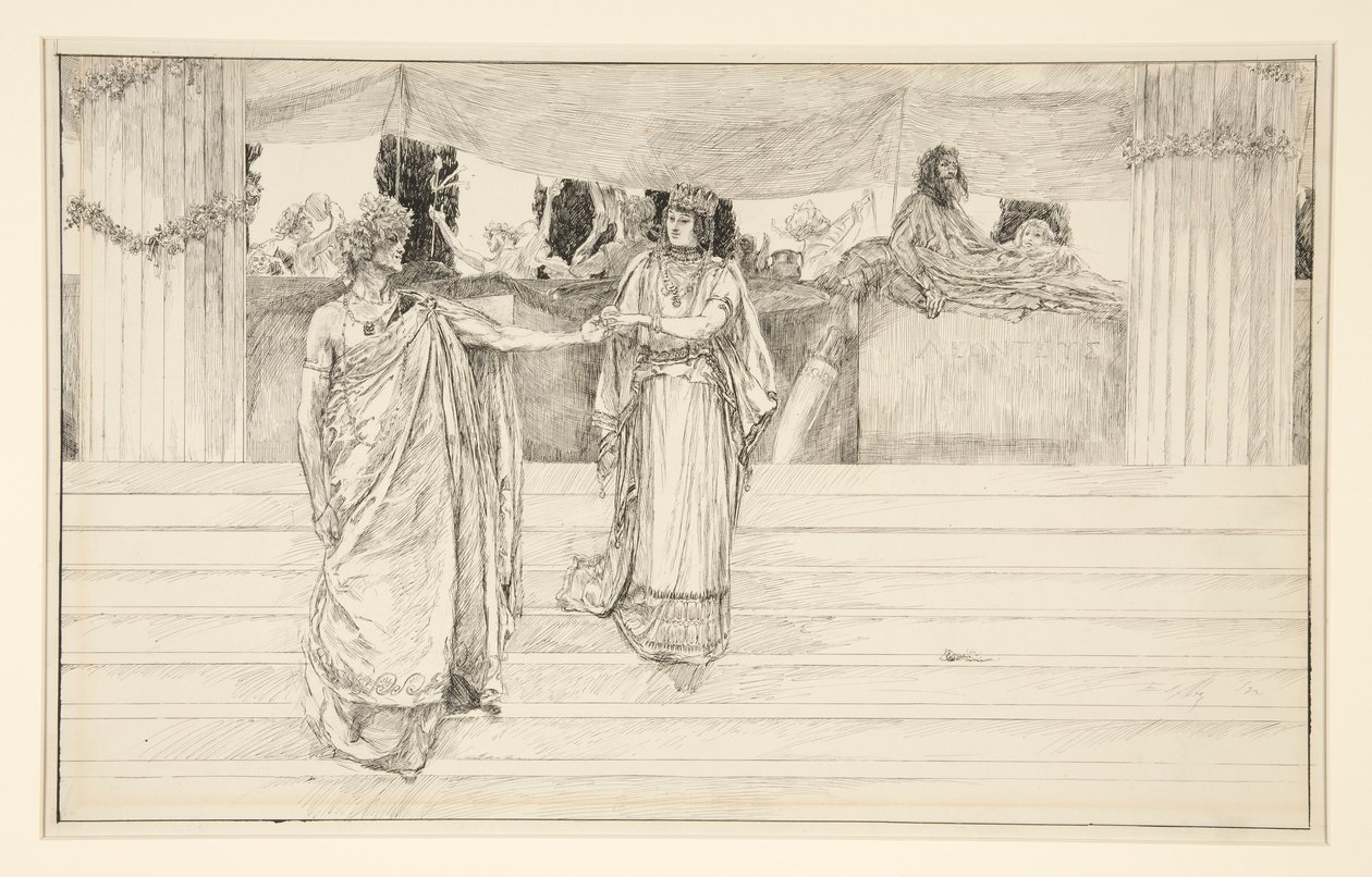 Hermione ber Polixenes - Akt I, Scen II, Vintern av Edwin Austin Abbey