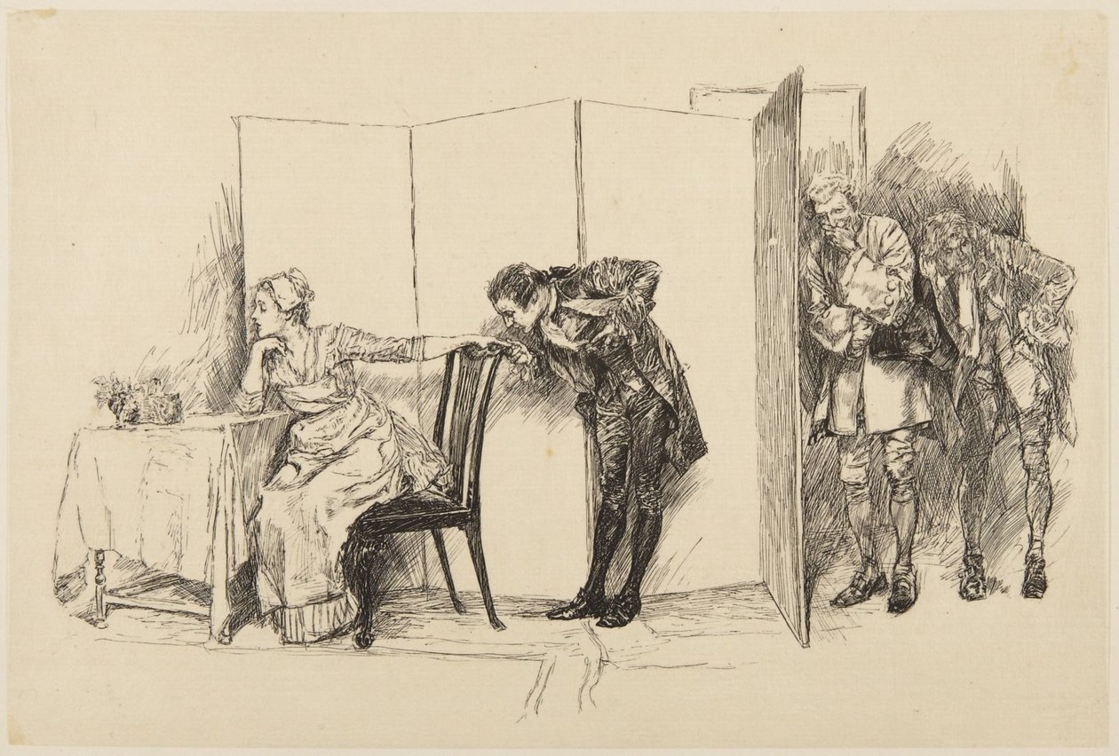 Illustration till Goldsmiths She Stoops to Conquer: "Här, bakom denna skärm" av Edwin Austin Abbey