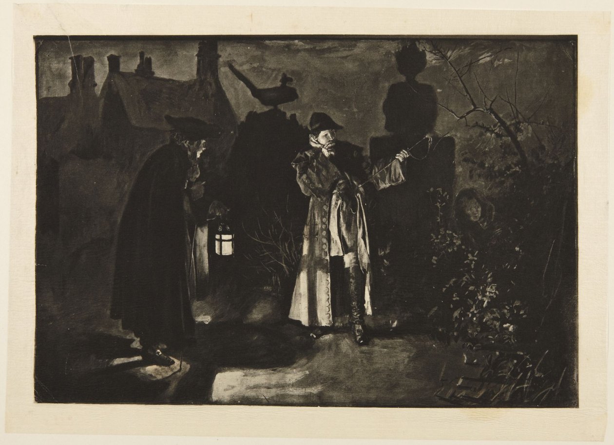 Illustration till Goldsmiths ”She Stoops to Conquer”: ”Jag misstar mig, eller så hörde jag röster” av Edwin Austin Abbey