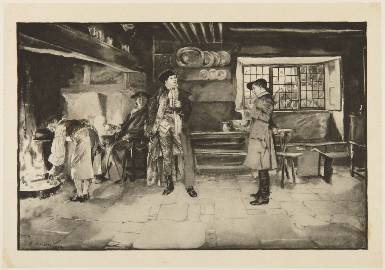 Illustration till Goldsmiths She Stoops to Conquer: "Inte för att förolämpa, men fråga för fråga är helt rättvist, det vet ni" av Edwin Austin Abbey