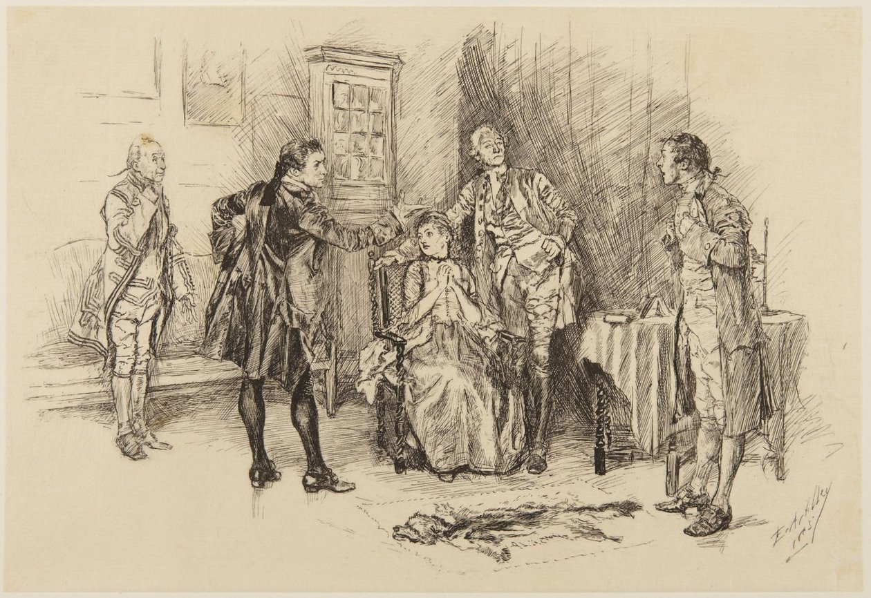 Illustration till Goldsmiths *She Stoops to Conquer*: ”Var det väl gjort av er, sir, att bidra till att göra mig till åtlöje” av Edwin Austin Abbey