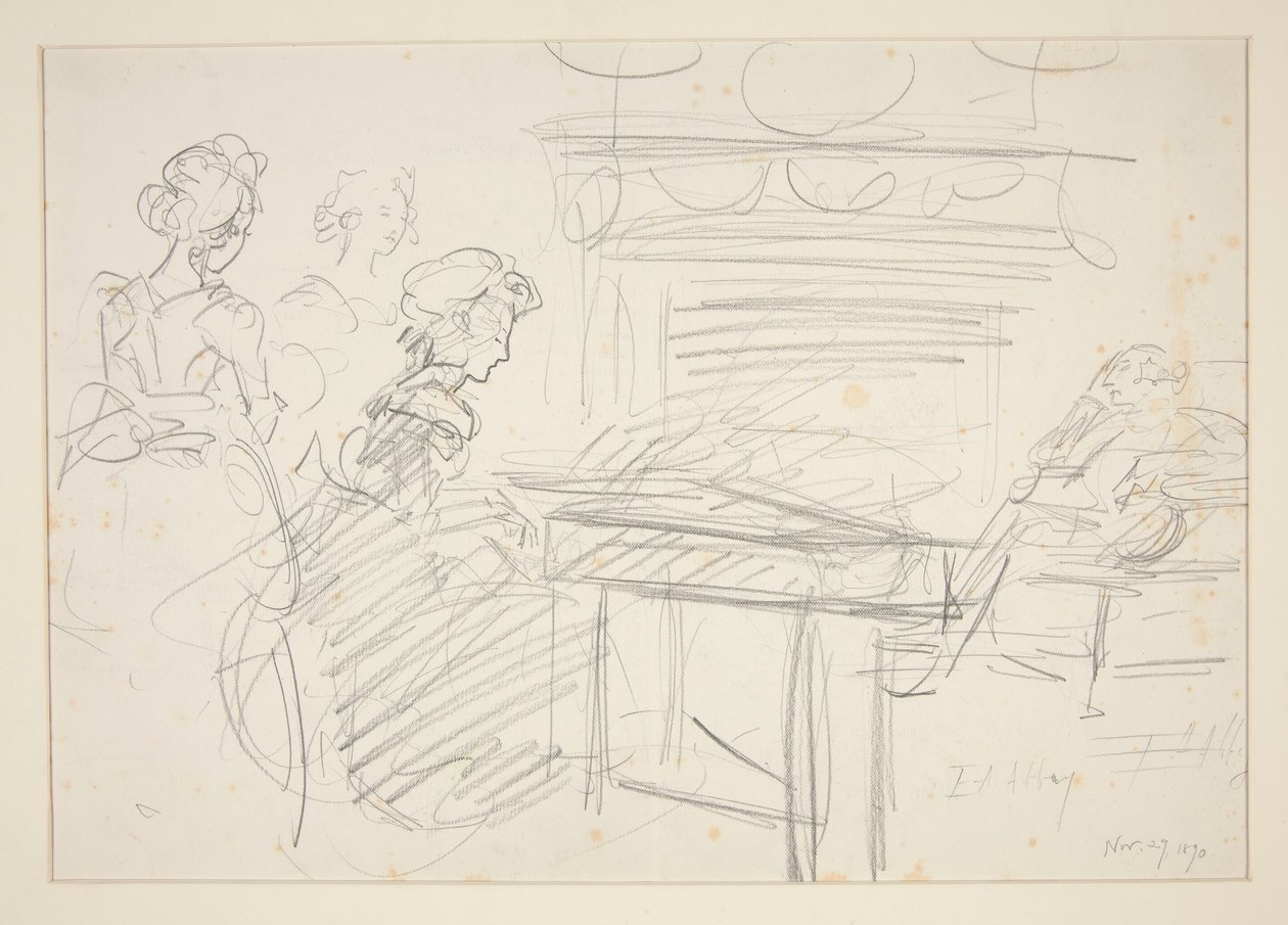 Interiör scen: kvinna vid piano och familj - oidentifierad illustration av Edwin Austin Abbey